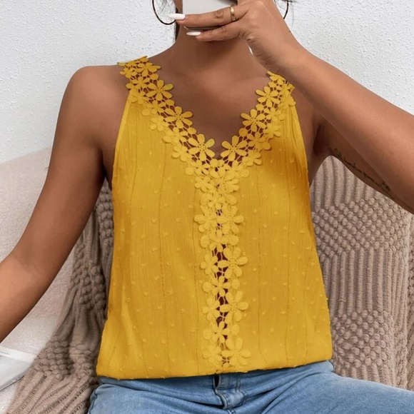 Tops - Mustard yellow Swiss dot lace detail blouse
